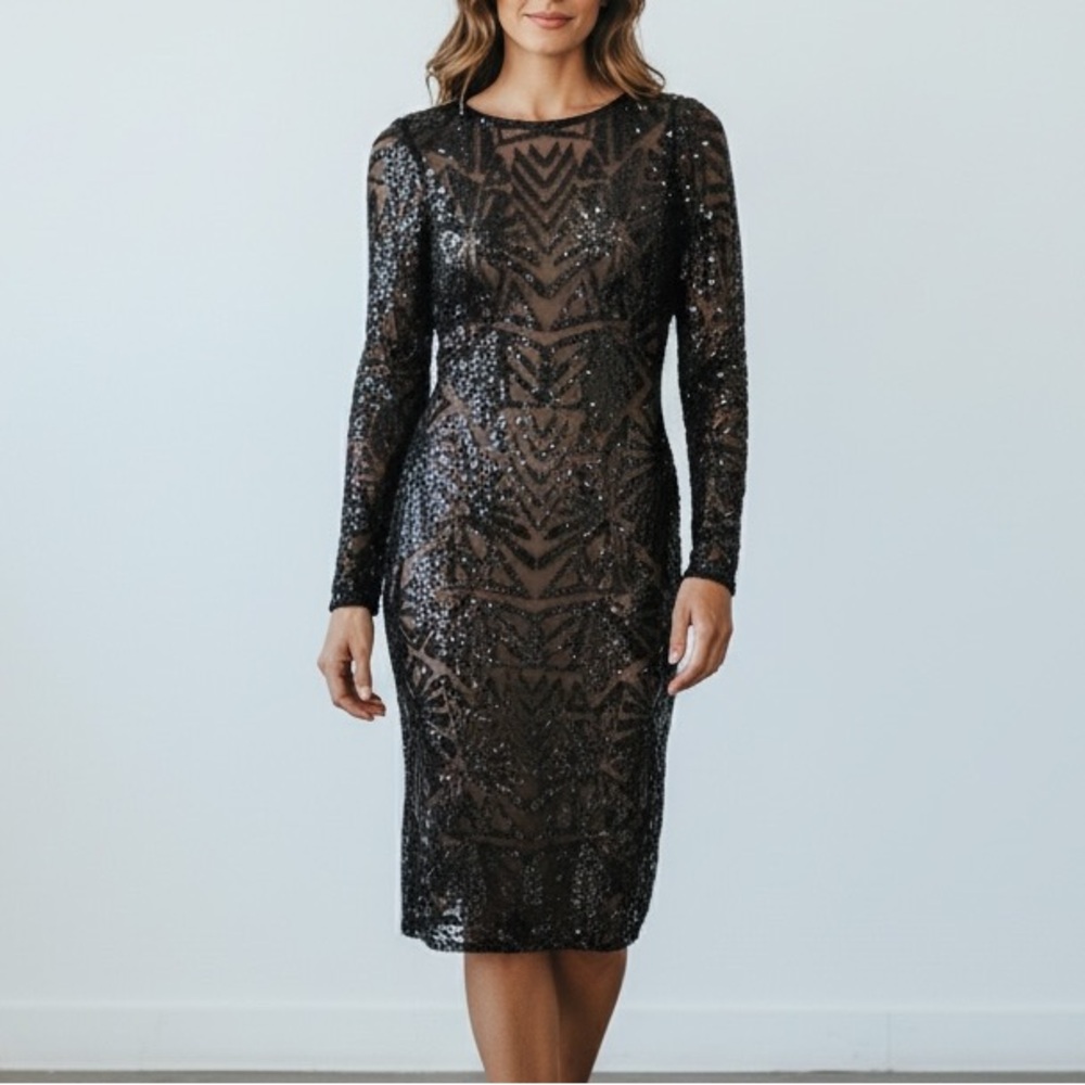 Black Sequin Long-Sleeve Sheer-Overlay Midi Dress